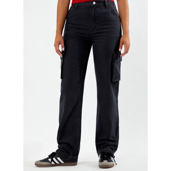 Pacsun Stretch Dad Jeans Black Cargo Size 24 High Rise Relaxed Fit NWT - Picture 2 of 9